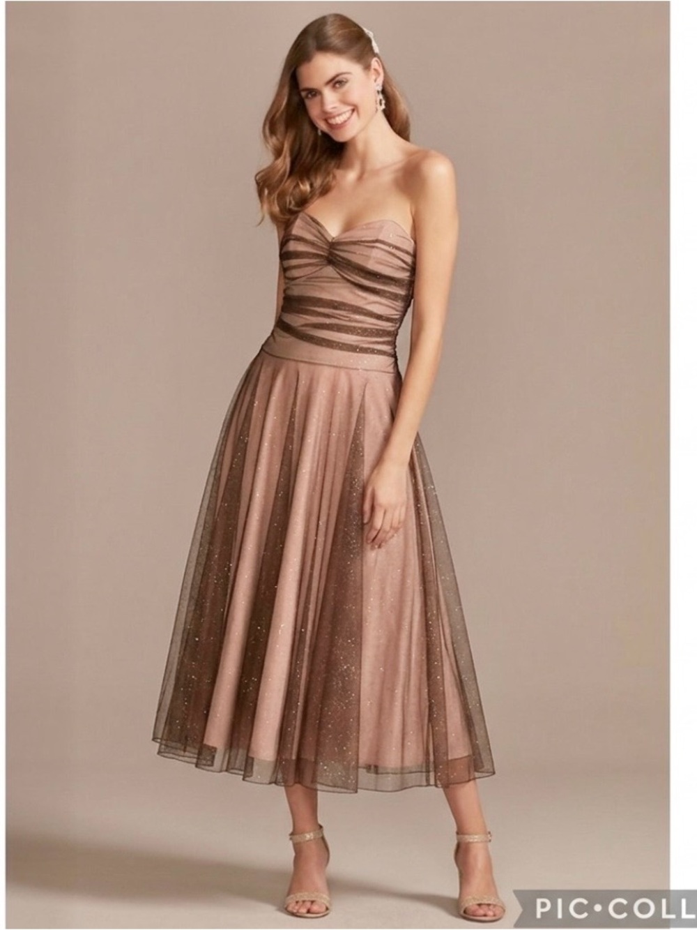 Speechless Strapless Brown Mesh Sparkle Fit & Flare Ruched Midi Dress M (jrs)